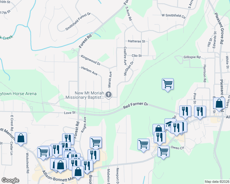 map of restaurants, bars, coffee shops, grocery stores, and more near 409 Marsh Avenue in Hueytown