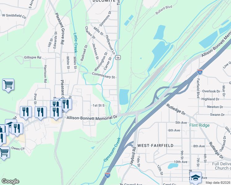 map of restaurants, bars, coffee shops, grocery stores, and more near 1665 Tin Mill Rd in Birmingham