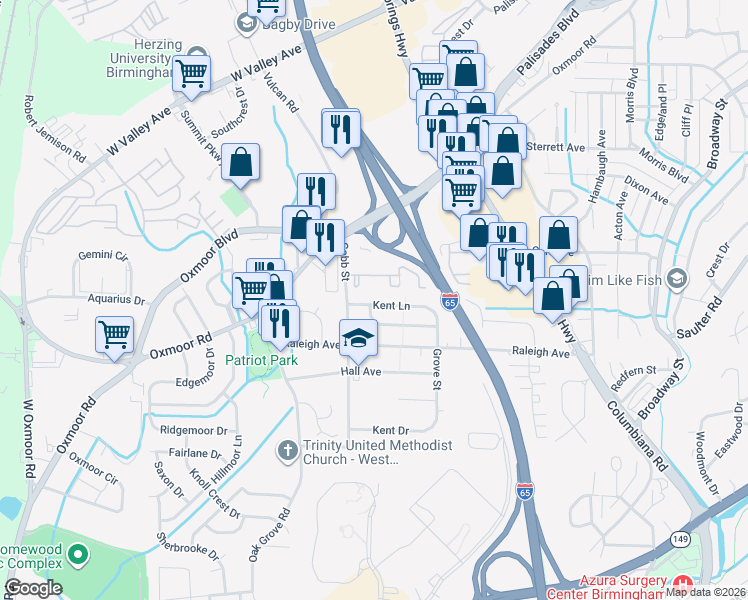 map of restaurants, bars, coffee shops, grocery stores, and more near 224 Kent Lane in Birmingham