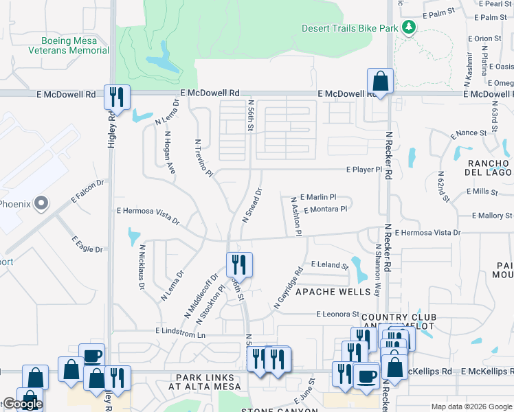 map of restaurants, bars, coffee shops, grocery stores, and more near 2465 North Snead Drive in Mesa