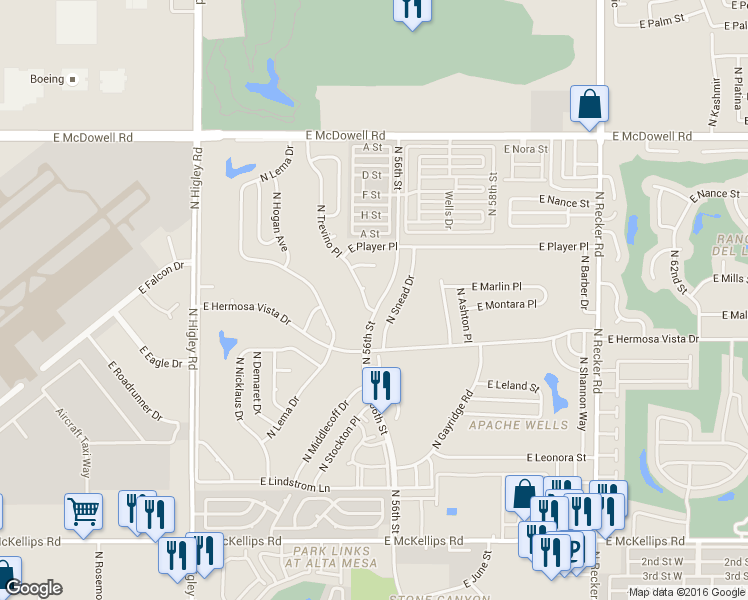 map of restaurants, bars, coffee shops, grocery stores, and more near 2450 N 56th St in Mesa
