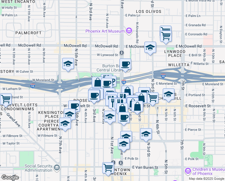 map of restaurants, bars, coffee shops, grocery stores, and more near 200 West Portland Street in Phoenix