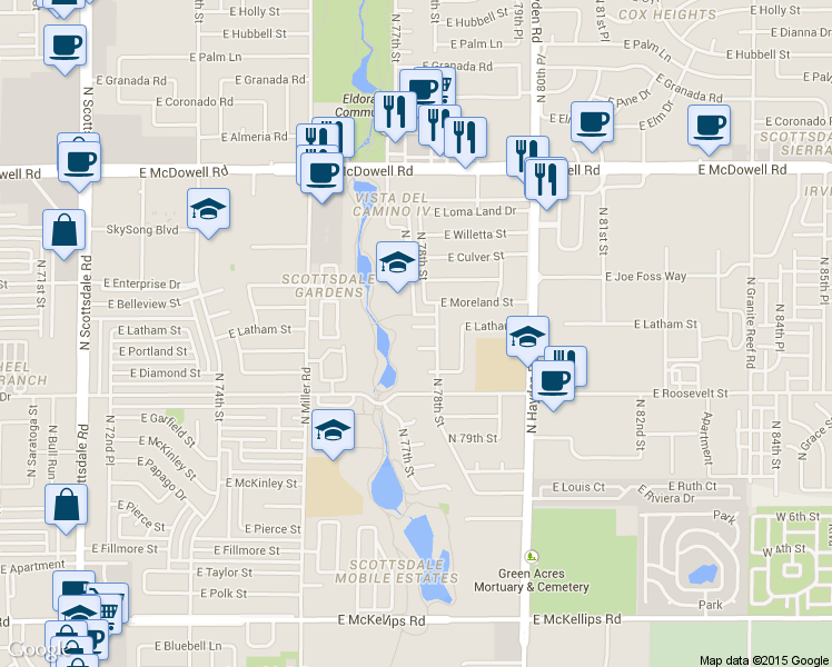 map of restaurants, bars, coffee shops, grocery stores, and more near 7729 E Latham St in Scottsdale