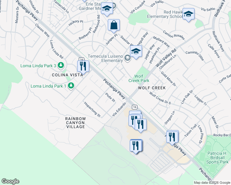 map of restaurants, bars, coffee shops, grocery stores, and more near 31393 Bandan Court in Temecula