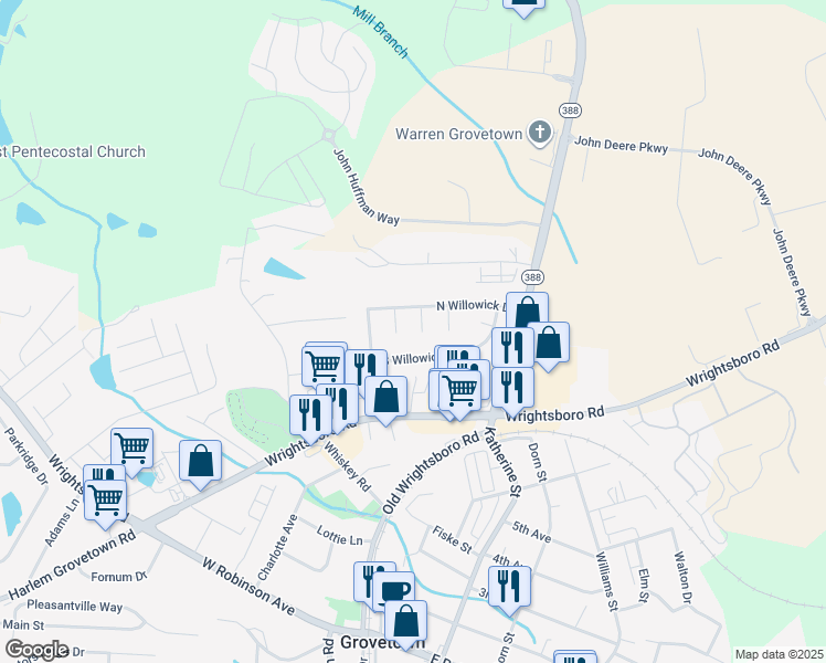 map of restaurants, bars, coffee shops, grocery stores, and more near 605 Cedarwood Court in Grovetown