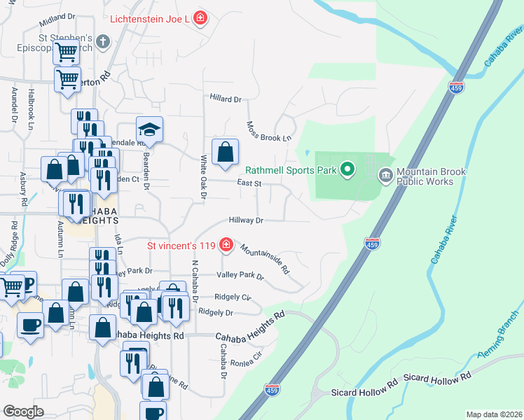 map of restaurants, bars, coffee shops, grocery stores, and more near 3440 Hillway Drive in Vestavia Hills