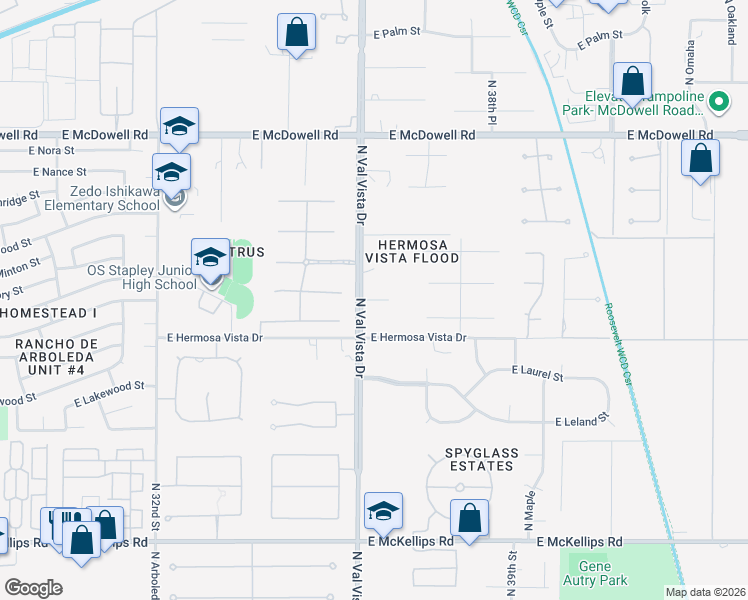 map of restaurants, bars, coffee shops, grocery stores, and more near 2451 North Val Vista Drive in Mesa