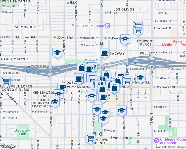 map of restaurants, bars, coffee shops, grocery stores, and more near 41 West Portland Street in Phoenix