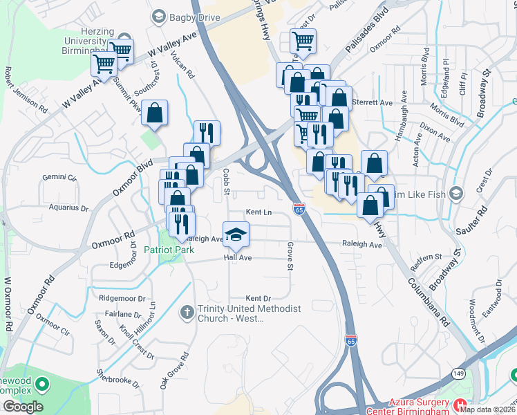 map of restaurants, bars, coffee shops, grocery stores, and more near 224 Kent Ln in Birmingham