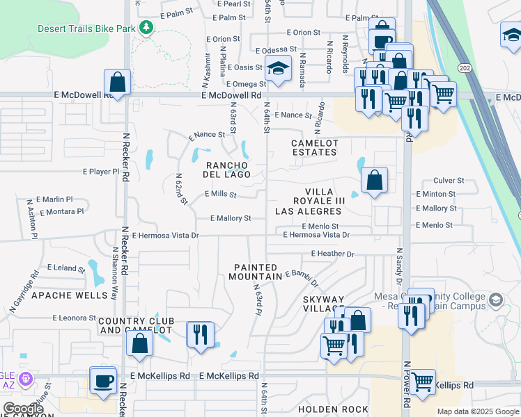 map of restaurants, bars, coffee shops, grocery stores, and more near 2434 North 64th Street in Mesa