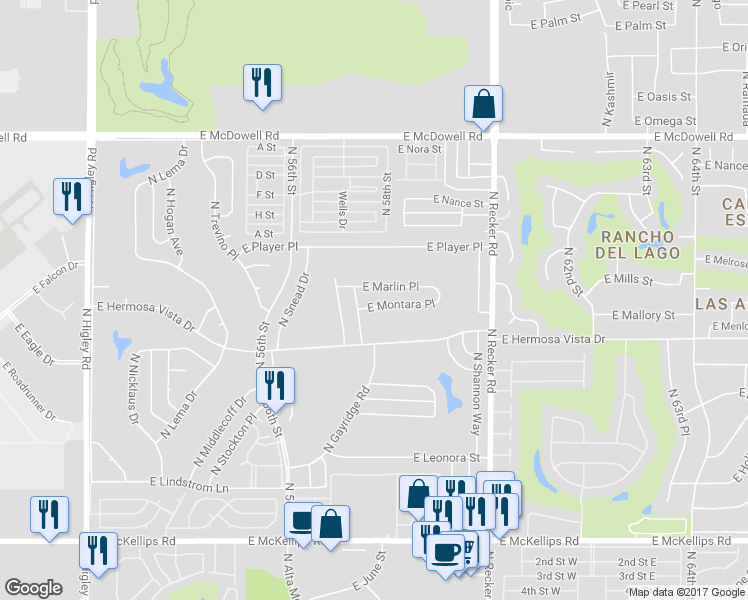 map of restaurants, bars, coffee shops, grocery stores, and more near 5742 East Montara Place in Mesa
