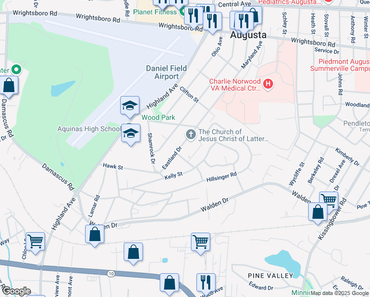 map of restaurants, bars, coffee shops, grocery stores, and more near 2112 Eastland Drive in Augusta