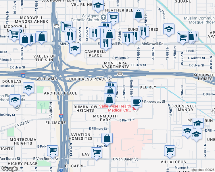 map of restaurants, bars, coffee shops, grocery stores, and more near 1106 North 24th Place in Phoenix