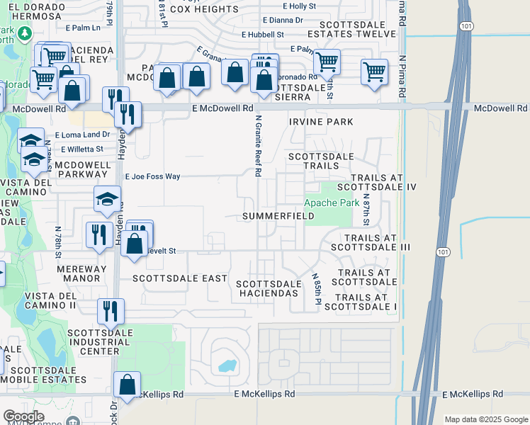 map of restaurants, bars, coffee shops, grocery stores, and more near 1131 North Granite Reef Road in Scottsdale