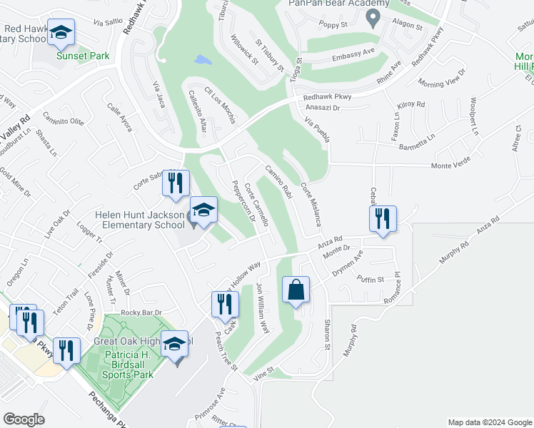 map of restaurants, bars, coffee shops, grocery stores, and more near 45882 Corte Carmello in Temecula