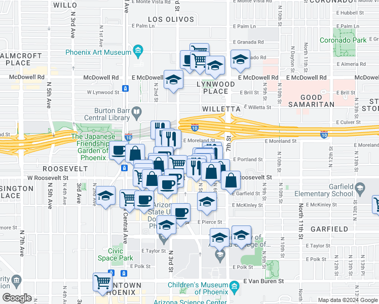 map of restaurants, bars, coffee shops, grocery stores, and more near 332 East Portland Street in Phoenix