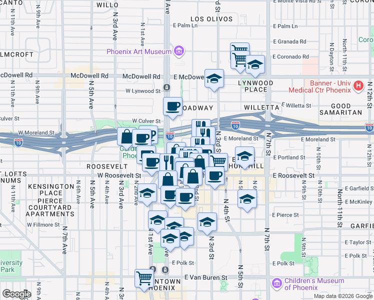 map of restaurants, bars, coffee shops, grocery stores, and more near in Phoenix
