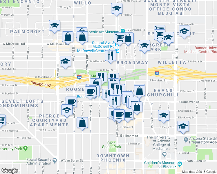 map of restaurants, bars, coffee shops, grocery stores, and more near 41 West Portland Street in Phoenix