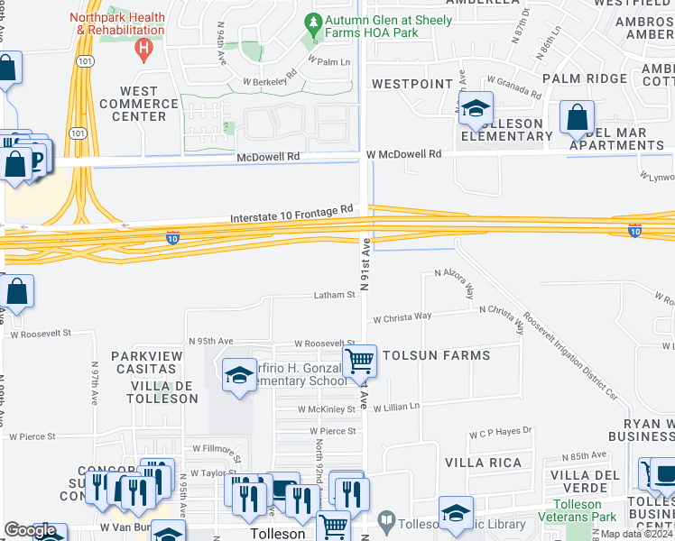 map of restaurants, bars, coffee shops, grocery stores, and more near 1204 North 91st Avenue in Tolleson