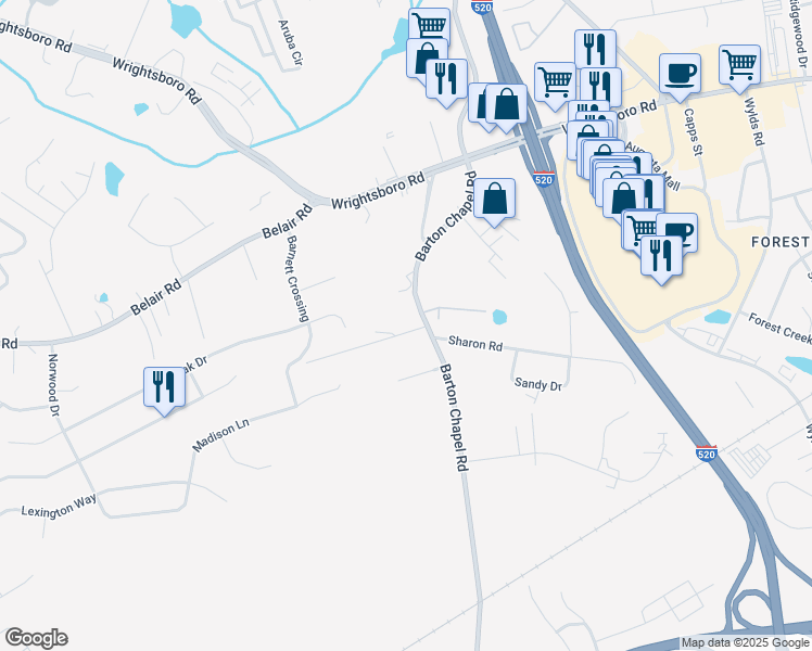 map of restaurants, bars, coffee shops, grocery stores, and more near 2913 Eidson Drive in Augusta