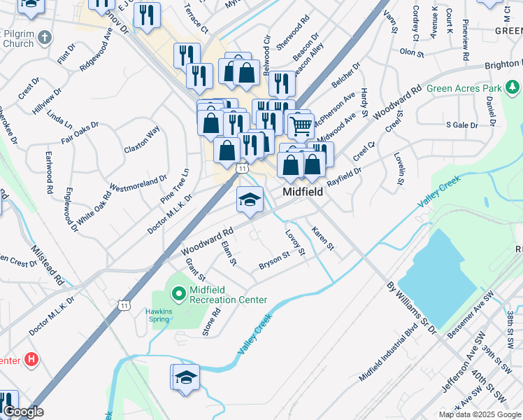 map of restaurants, bars, coffee shops, grocery stores, and more near 147 Brookwood Road East in Birmingham