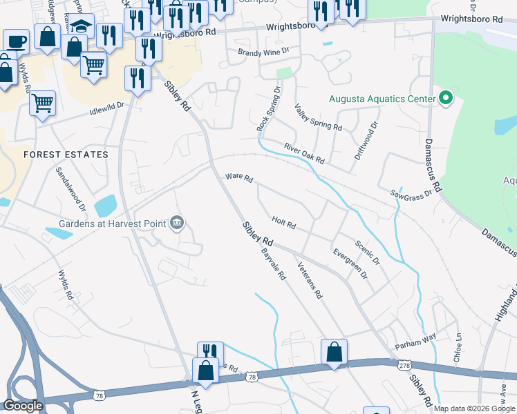 map of restaurants, bars, coffee shops, grocery stores, and more near 3228 Holt Road in Augusta