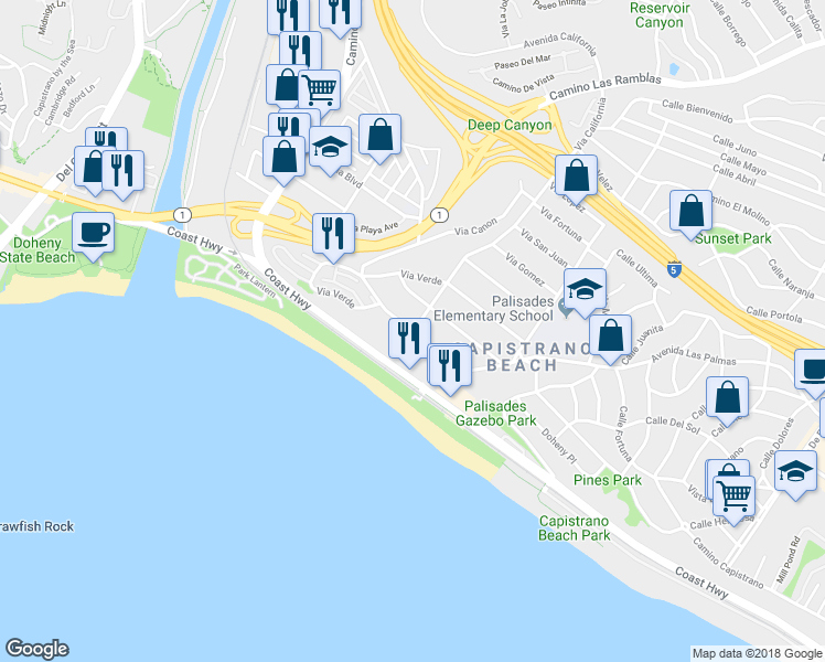 map of restaurants, bars, coffee shops, grocery stores, and more near Camino Capistrano & Via California in Dana Point