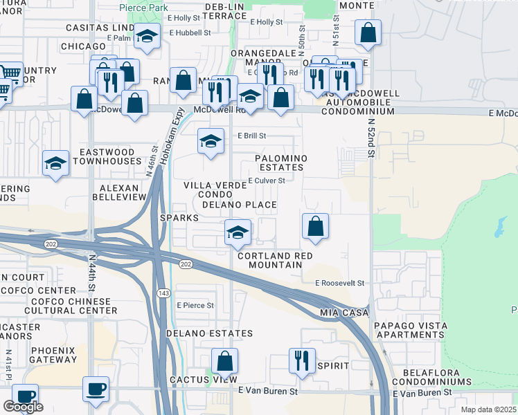 map of restaurants, bars, coffee shops, grocery stores, and more near 1128 North 49th Street in Phoenix