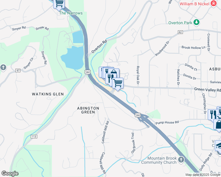 map of restaurants, bars, coffee shops, grocery stores, and more near 3000 Cahaba Village Plaza in Birmingham