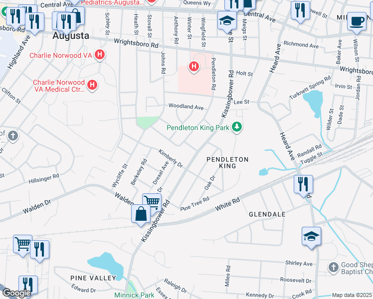 map of restaurants, bars, coffee shops, grocery stores, and more near 2206 Joyce Street in Augusta
