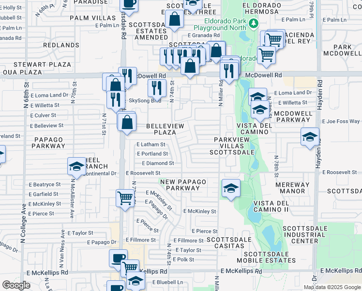 map of restaurants, bars, coffee shops, grocery stores, and more near 7402 East Latham Street in Scottsdale