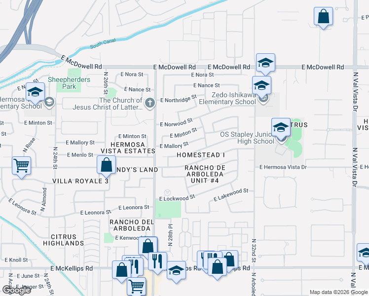 map of restaurants, bars, coffee shops, grocery stores, and more near 2901 East Mallory Street in Mesa