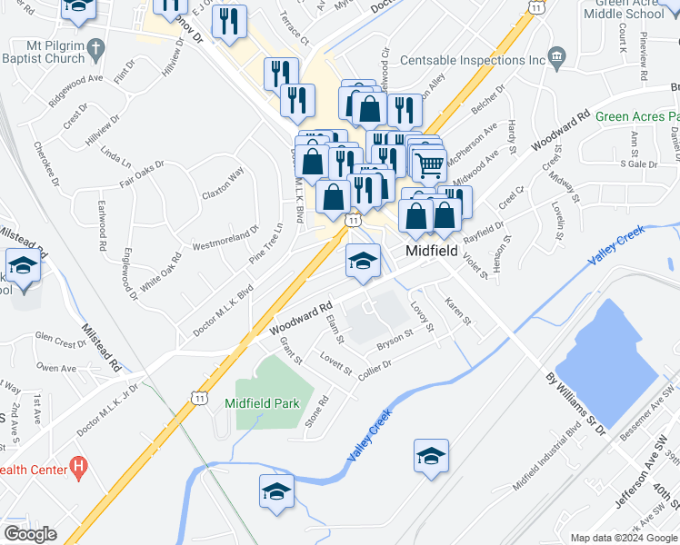 map of restaurants, bars, coffee shops, grocery stores, and more near 220 Pinewood Avenue in Midfield