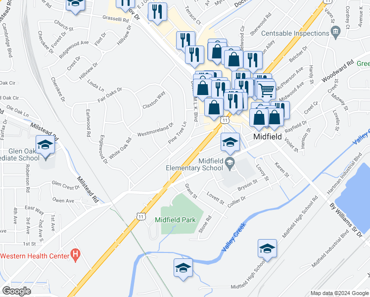 map of restaurants, bars, coffee shops, grocery stores, and more near 320 Birwood Avenue in Midfield