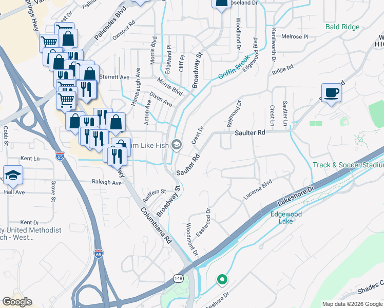 map of restaurants, bars, coffee shops, grocery stores, and more near 912 Saulter Road in Birmingham