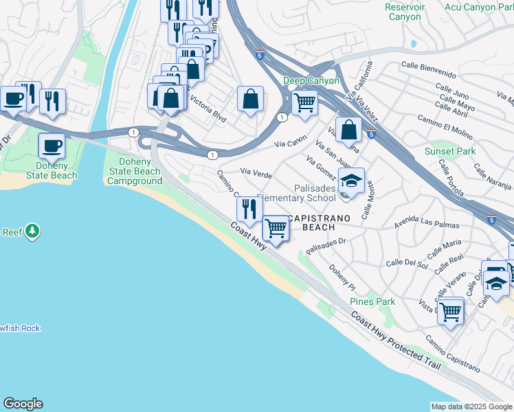 map of restaurants, bars, coffee shops, grocery stores, and more near 26122 Via California in Dana Point