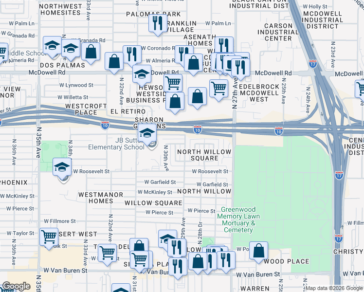 map of restaurants, bars, coffee shops, grocery stores, and more near 1114 North 29th Avenue in Phoenix