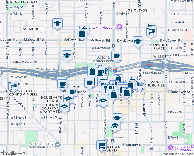 map of restaurants, bars, coffee shops, grocery stores, and more near 208 West Portland Street in Phoenix