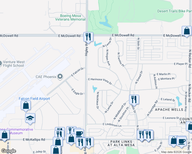 map of restaurants, bars, coffee shops, grocery stores, and more near 2498 North Fillmore Court in Mesa