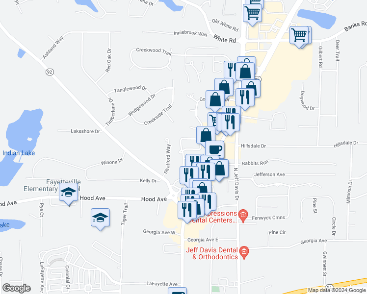 map of restaurants, bars, coffee shops, grocery stores, and more near 175 Habersham Drive in Fayetteville