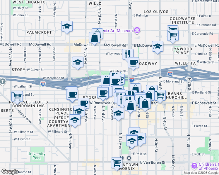map of restaurants, bars, coffee shops, grocery stores, and more near 208 West Portland Street in Phoenix