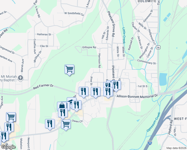 map of restaurants, bars, coffee shops, grocery stores, and more near 216 Pine Street in Hueytown
