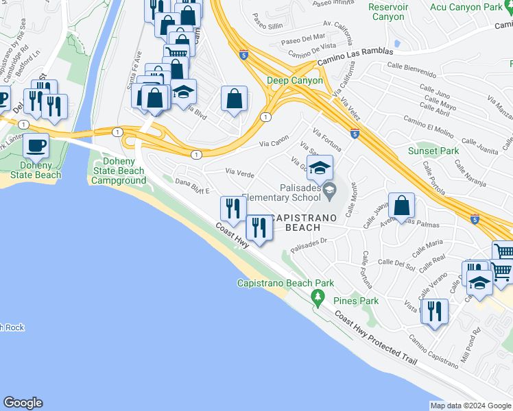 map of restaurants, bars, coffee shops, grocery stores, and more near 34575 Via Catalina in Dana Point