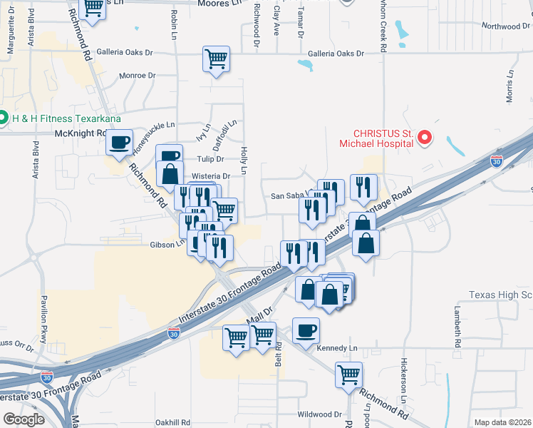 map of restaurants, bars, coffee shops, grocery stores, and more near 134 Royale Drive in Texarkana