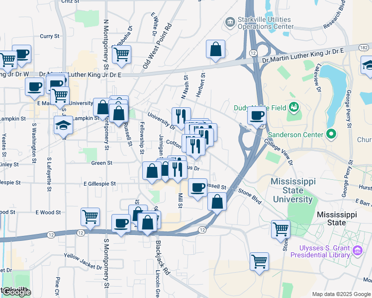 map of restaurants, bars, coffee shops, grocery stores, and more near 907 Cotton Row in Starkville