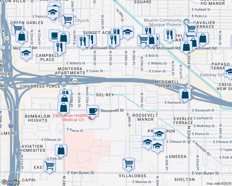 map of restaurants, bars, coffee shops, grocery stores, and more near 2714 E Portland St in Phoenix