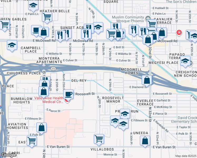 map of restaurants, bars, coffee shops, grocery stores, and more near 1101 North 28th Street in Phoenix