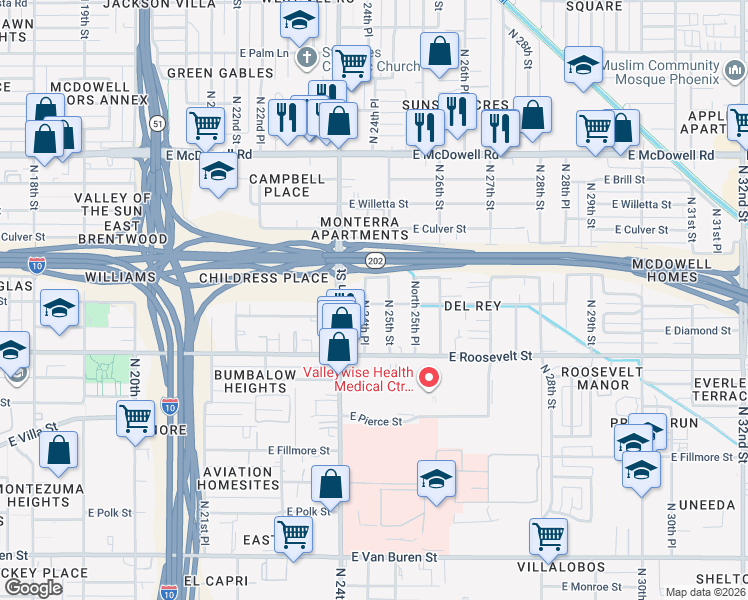 map of restaurants, bars, coffee shops, grocery stores, and more near 2432 East Portland Street in Phoenix