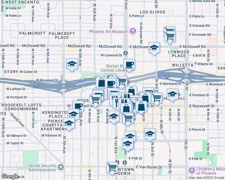 map of restaurants, bars, coffee shops, grocery stores, and more near 200 West Portland Street in Phoenix
