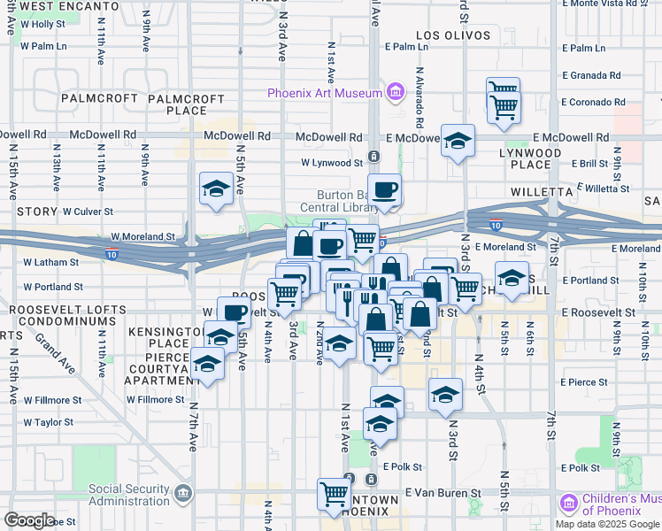 map of restaurants, bars, coffee shops, grocery stores, and more near 200 West Portland Street in Phoenix